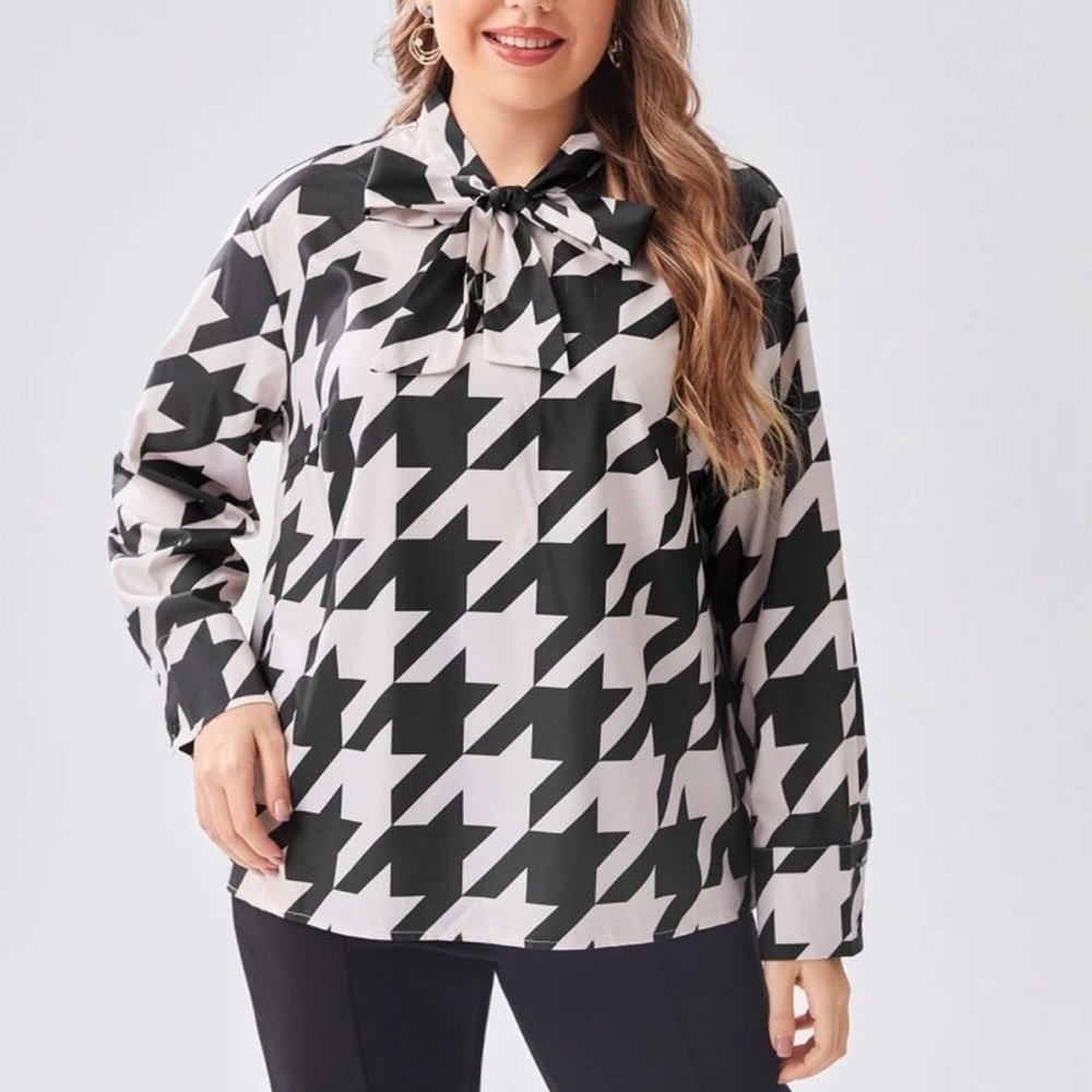 Houndstooth Tie Neck Blouse - Long Sleeve
